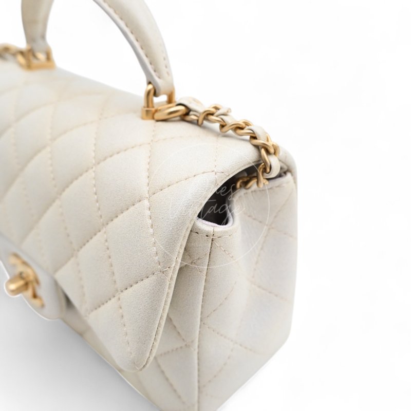 中古 Chanel 香奈兒 Classic Flap系列 珍珠色 荔枝紋/魚子醬紋路 方胖子 小包附提把 手把-12