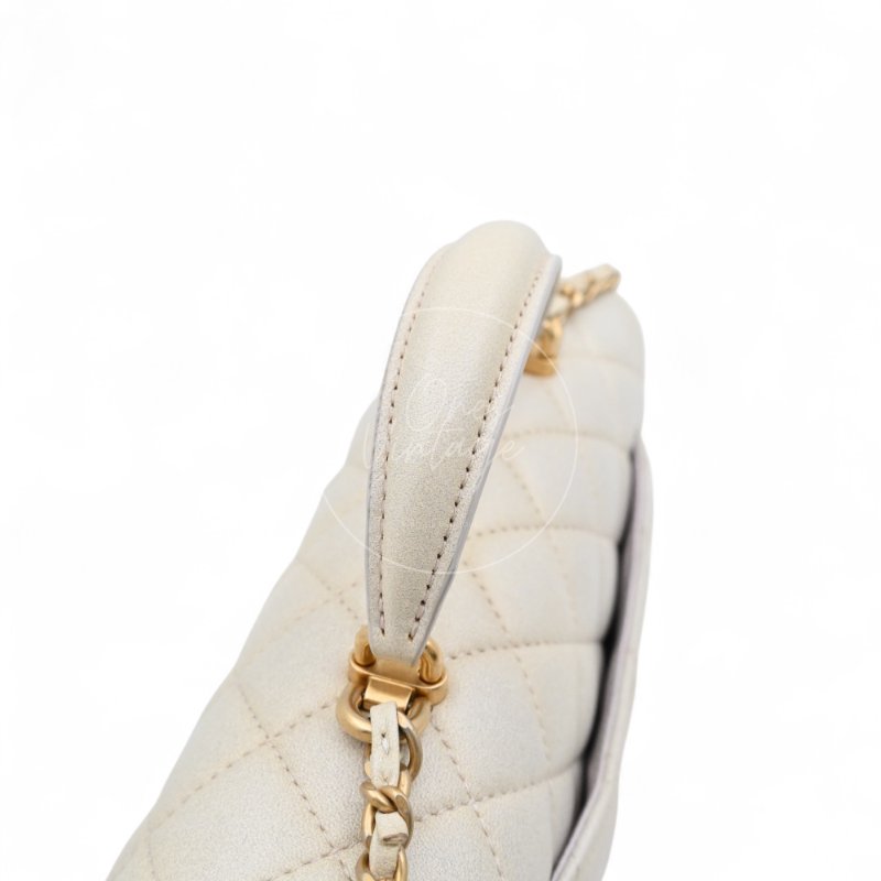 中古 Chanel 香奈兒 Classic Flap系列 珍珠色 荔枝紋/魚子醬紋路 方胖子 小包附提把 手把-17