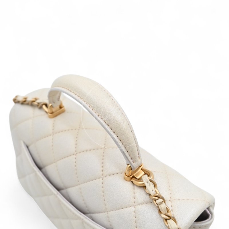 中古 Chanel 香奈兒 Classic Flap系列 珍珠色 荔枝紋/魚子醬紋路 方胖子 小包附提把 手把-18