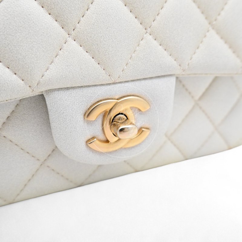 中古 Chanel 香奈兒 Classic Flap系列 珍珠色 荔枝紋/魚子醬紋路 方胖子 小包附提把 手把-19