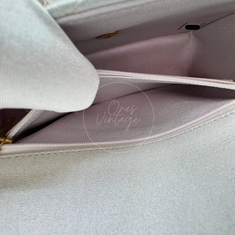 中古 Chanel 香奈兒 Classic Flap系列 珍珠色 荔枝紋/魚子醬紋路 方胖子 小包附提把 手把-33