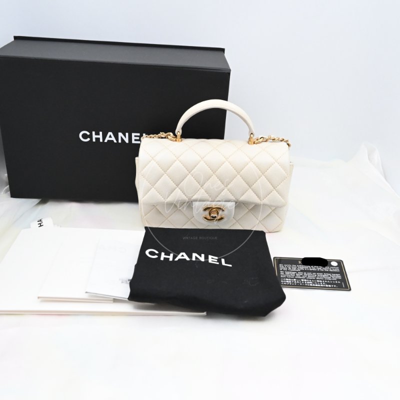 中古 Chanel 香奈兒 Classic Flap系列 珍珠色 荔枝紋/魚子醬紋路 方胖子 小包附提把 手把-37