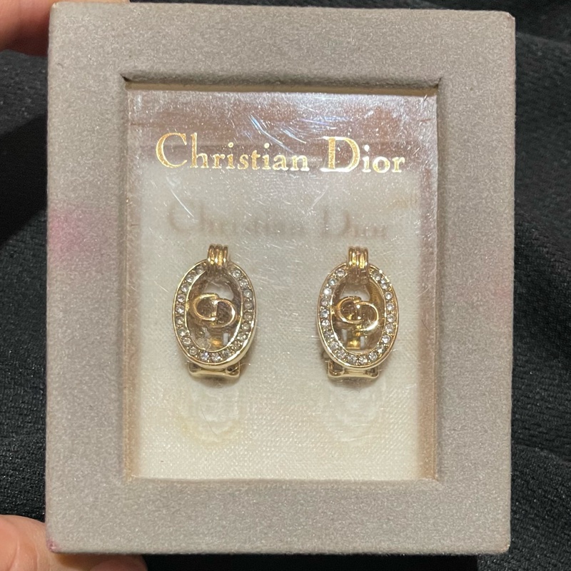 Christian Dior VINTAGE 金色CD水鑽耳環-0