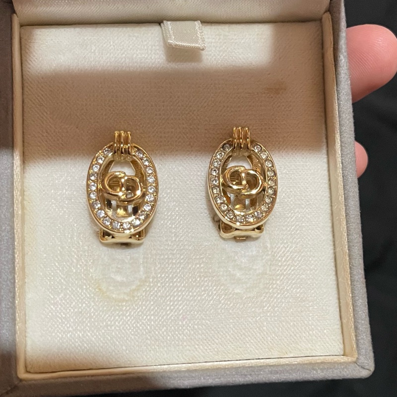 Christian Dior VINTAGE 金色CD水鑽耳環-3