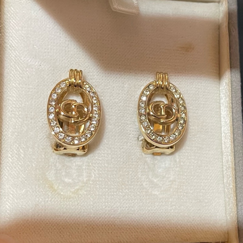 Christian Dior VINTAGE 金色CD水鑽耳環-4