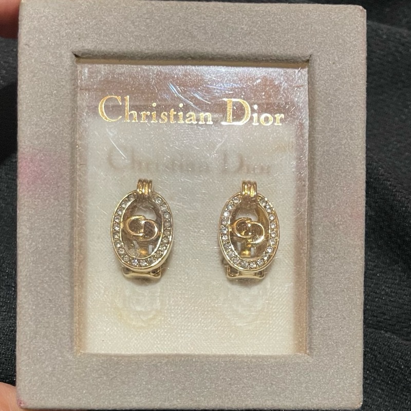 Christian Dior VINTAGE 金色CD水鑽耳環-9