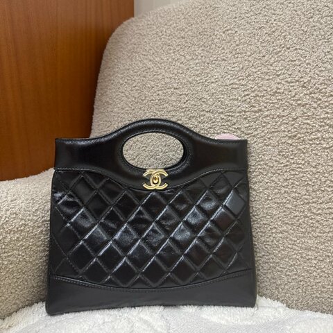 中古 CHANEL 香奈兒 31Bag 金扣鏈帶肩背袋 Mini 22cm 牛皮皮革 黑色 晶片開 金扣 菱格紋
