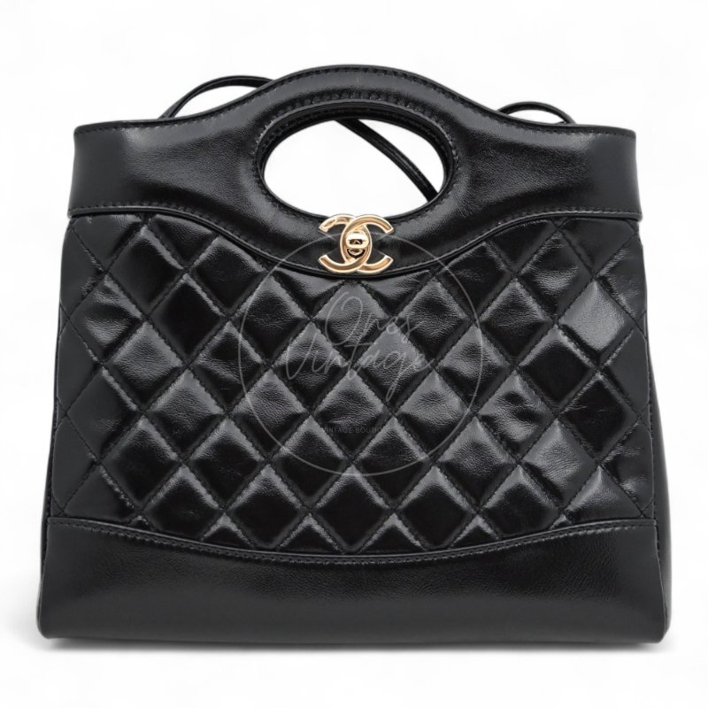 中古 CHANEL 香奈兒 31Bag 金扣鏈帶肩背袋 Mini 22cm 牛皮皮革 黑色 晶片開 金扣 菱格紋-1
