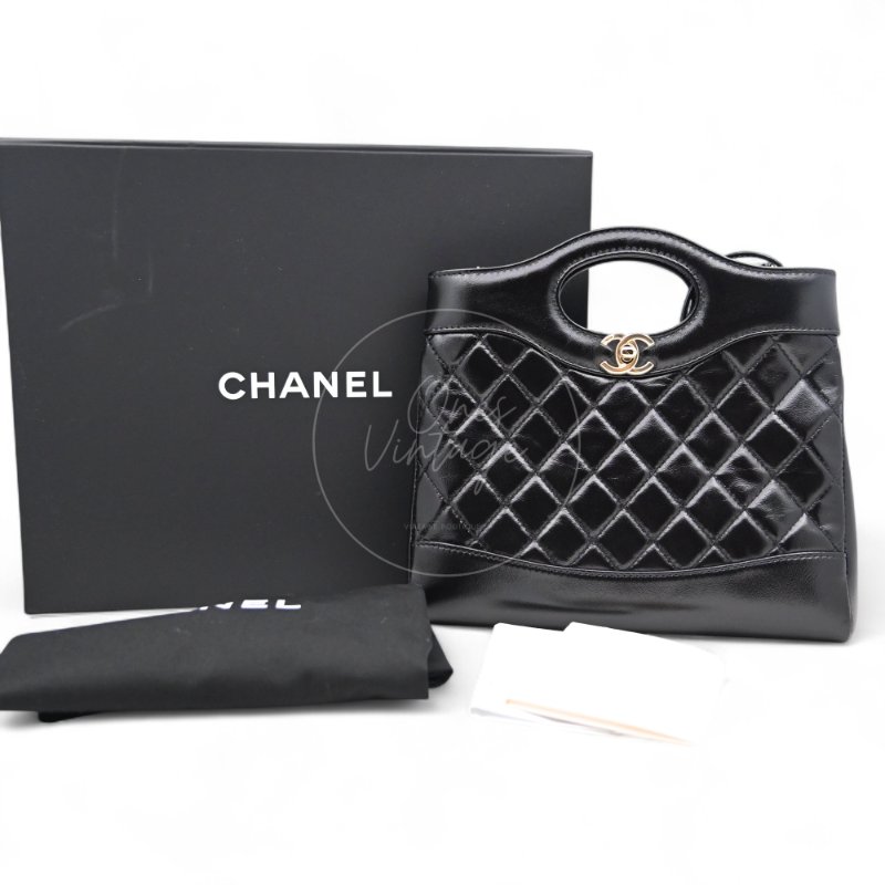 中古 CHANEL 香奈兒 31Bag 金扣鏈帶肩背袋 Mini 22cm 牛皮皮革 黑色 晶片開 金扣 菱格紋-7