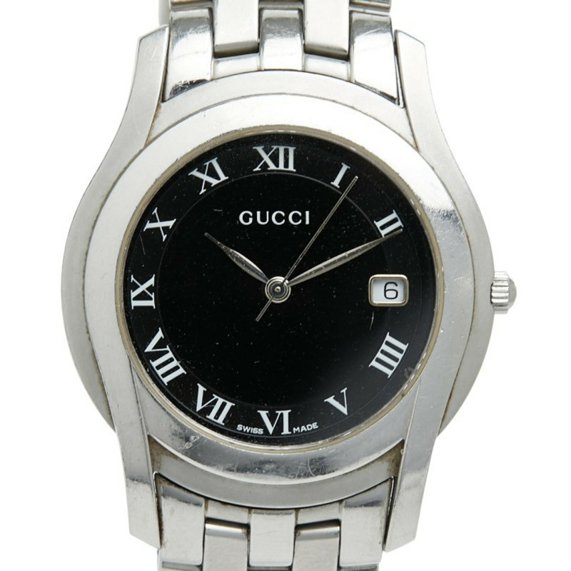 Gucci 羅馬數位刻度腕錶 5500公尺 石英錶 黑色錶盤 不鏽鋼男士 GUCCI-0