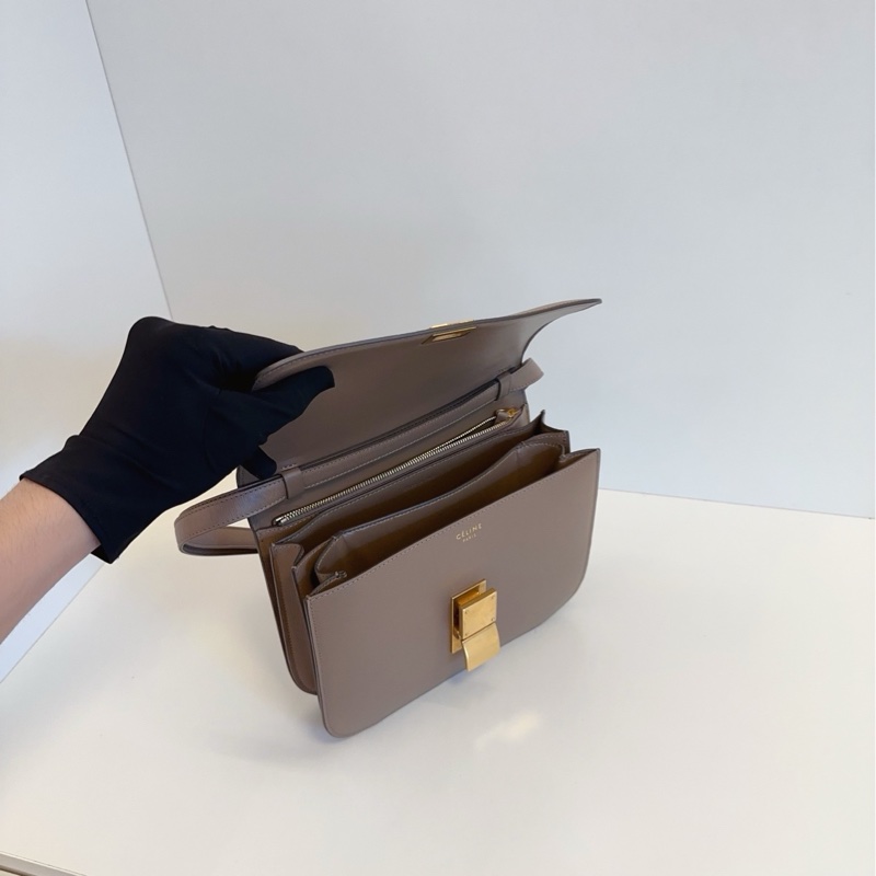 Celine classic Box经典豆腐邮差包 牙签纹牛皮金扣奶茶色中号24*19*6-7