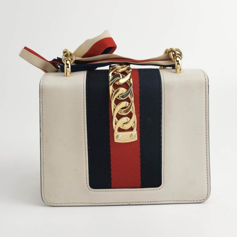 Gucci Sylvie塞爾維亞迷你牛皮帆布彩帶金屬扣織帶斜背包單肩包-4