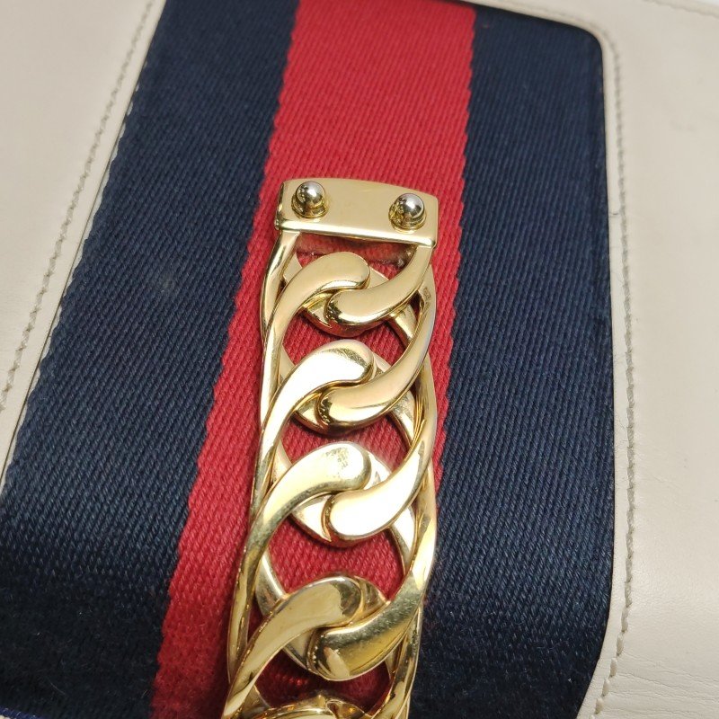 Gucci Sylvie塞爾維亞迷你牛皮帆布彩帶金屬扣織帶斜背包單肩包-13