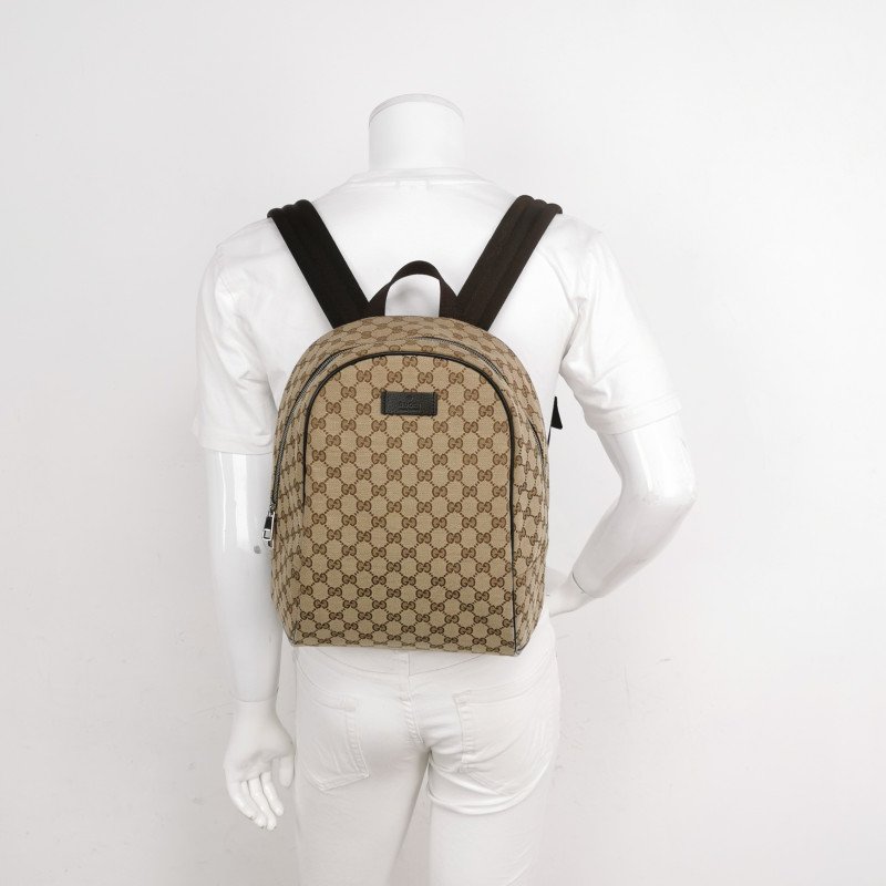 Gucci 牛皮帆布雙G老花皮標Logo雙肩包-1