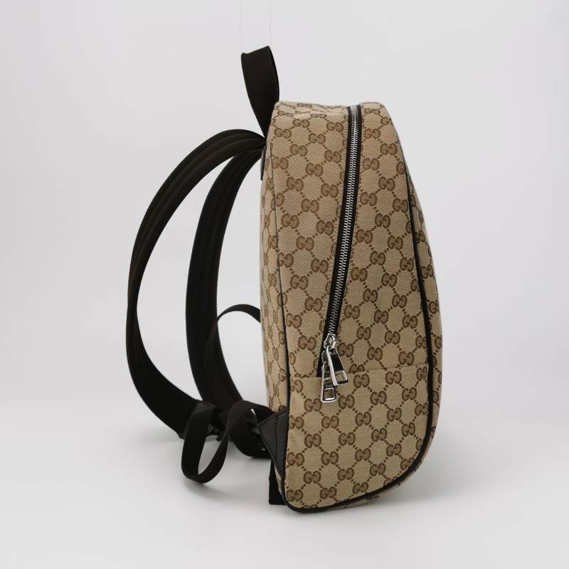 Gucci 牛皮帆布雙G老花皮標Logo雙肩包-3