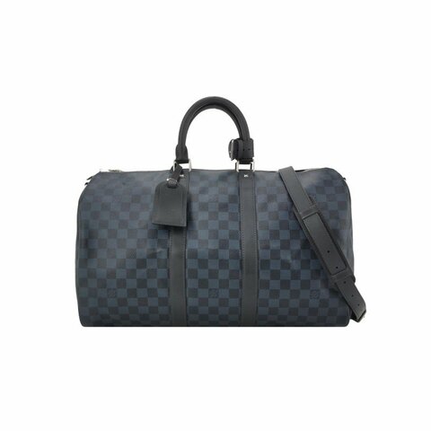 Louis Vuitton (LV) Keepall45牛皮棋盤格加強飾帶圓筒包斜背包行李箱包