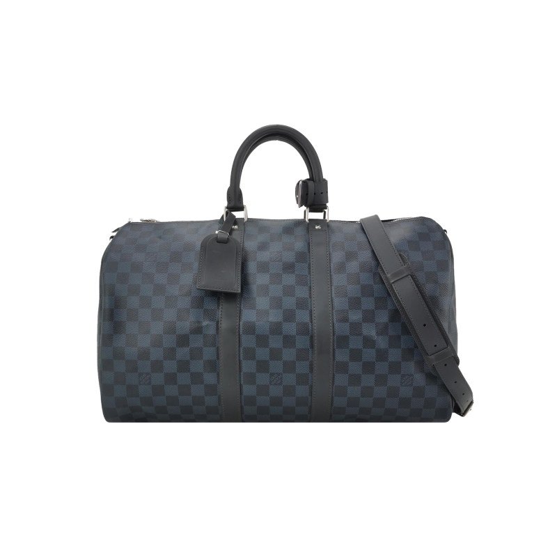Louis Vuitton (LV) Keepall45牛皮棋盤格加強飾帶圓筒包斜背包行李箱包-0