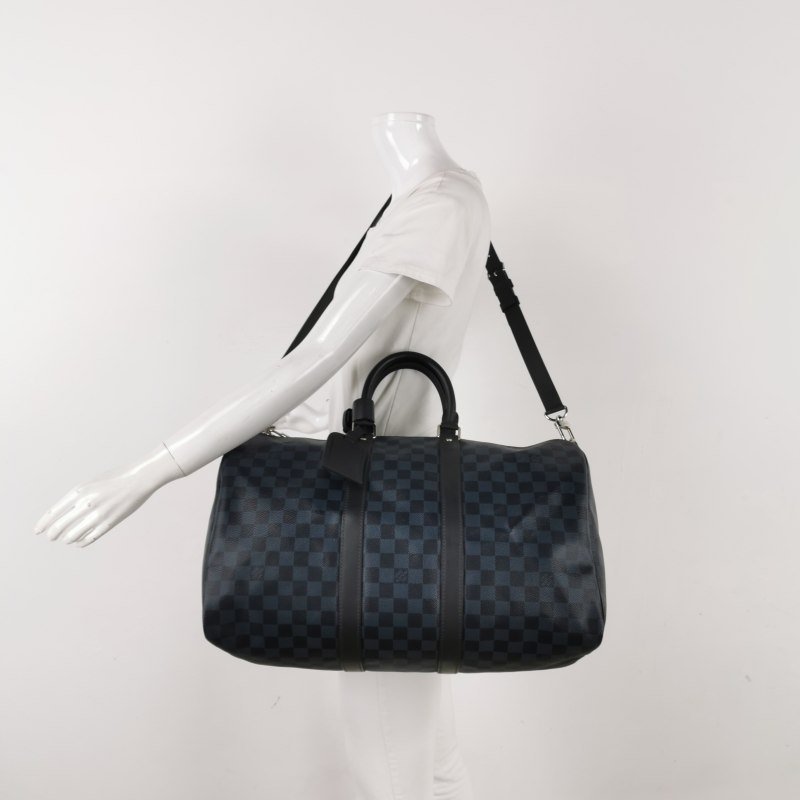 Louis Vuitton (LV) Keepall45牛皮棋盤格加強飾帶圓筒包斜背包行李箱包-1
