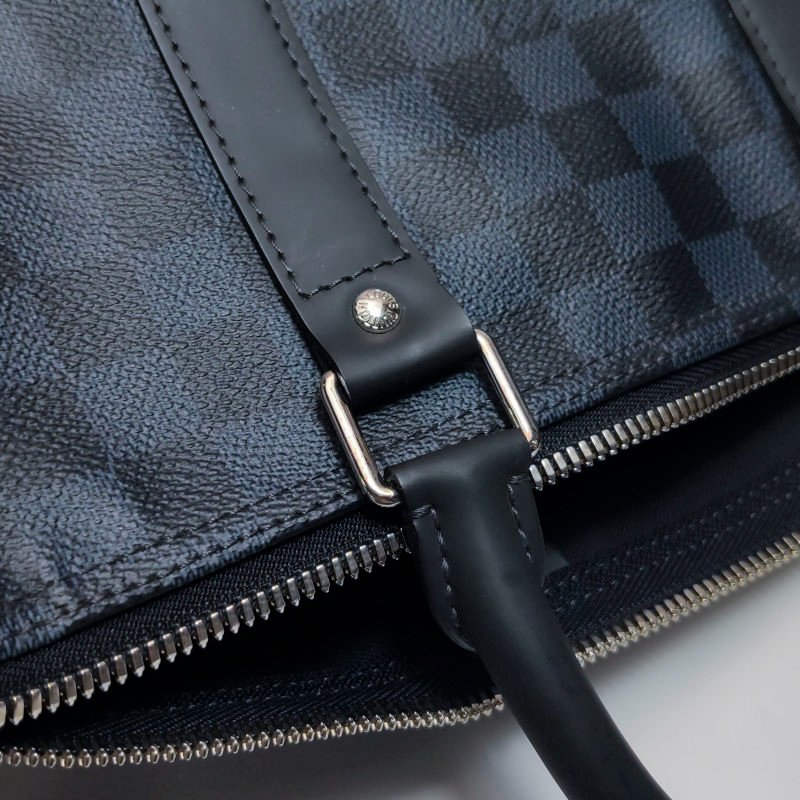 Louis Vuitton (LV) Keepall45牛皮棋盤格加強飾帶圓筒包斜背包行李箱包-14