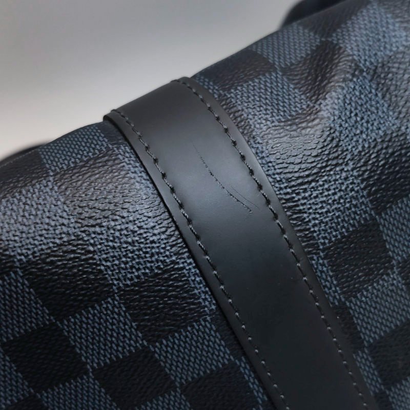 Louis Vuitton (LV) Keepall45牛皮棋盤格加強飾帶圓筒包斜背包行李箱包-26