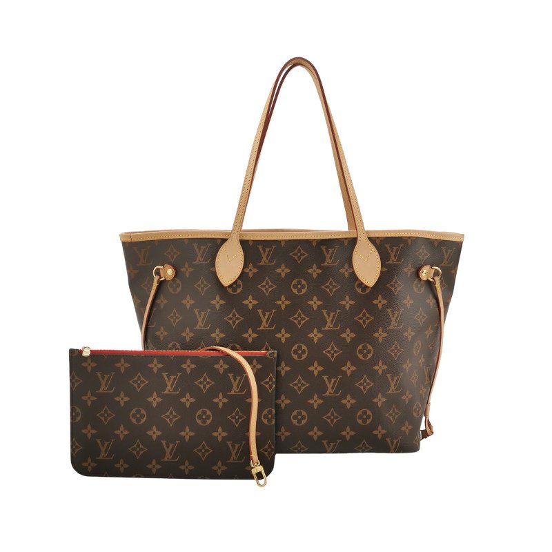 Louis Vuitton (LV) Neverfull中號植鞣革Monogram印花束帶子母包單肩包晶片款-0