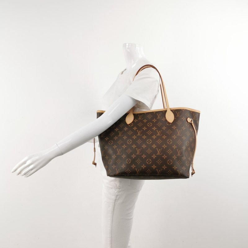 Louis Vuitton (LV) Neverfull中號植鞣革Monogram印花束帶子母包單肩包晶片款-1