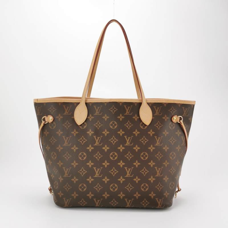Louis Vuitton (LV) Neverfull中號植鞣革Monogram印花束帶子母包單肩包晶片款-4