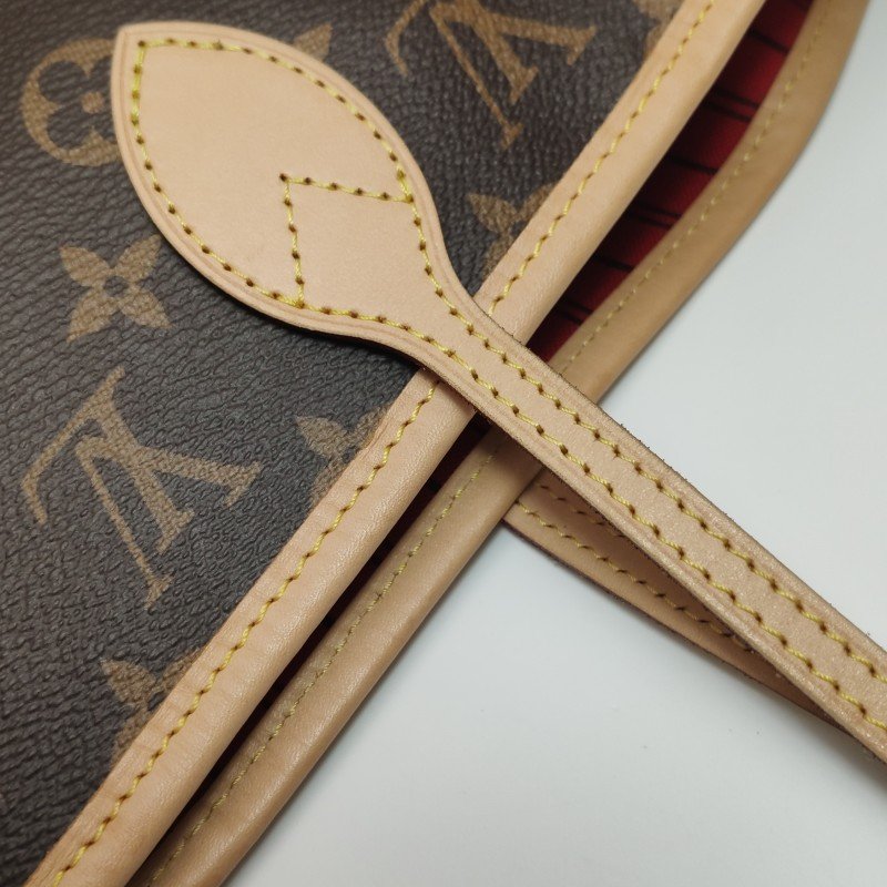 Louis Vuitton (LV) Neverfull中號植鞣革Monogram印花束帶子母包單肩包晶片款-13