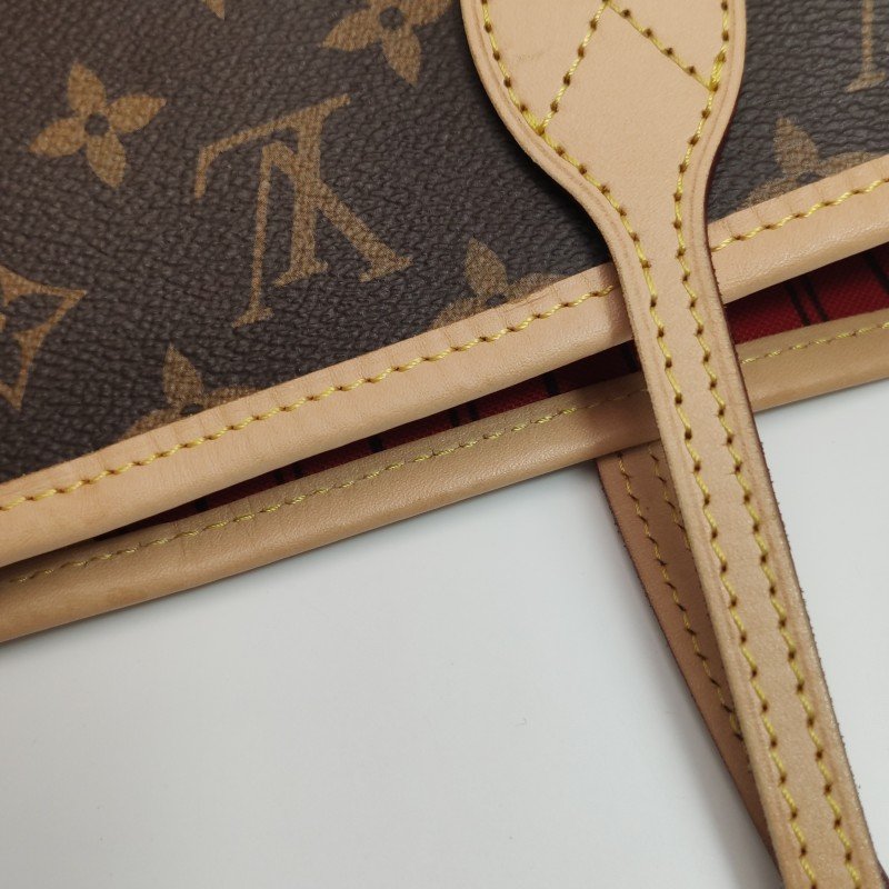 Louis Vuitton (LV) Neverfull中號植鞣革Monogram印花束帶子母包單肩包晶片款-15