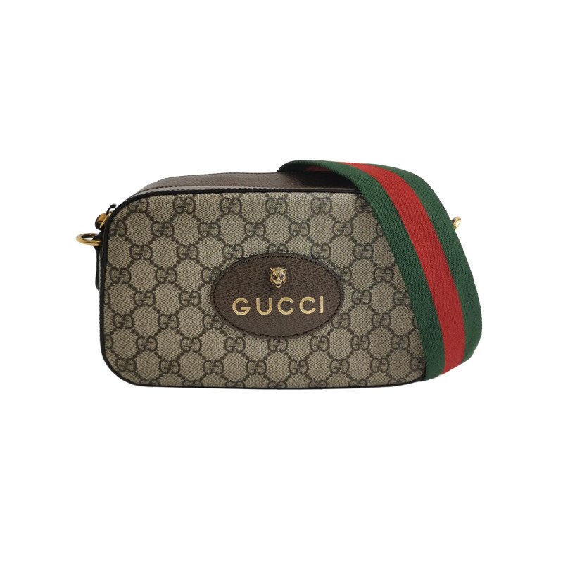 Gucci Neo Vintage牛皮GG老花虎頭Logo皮標斜背包單肩包-0