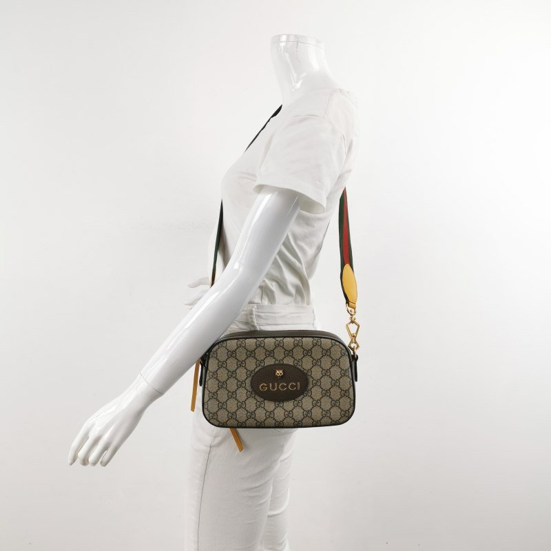 Gucci Neo Vintage牛皮GG老花虎頭Logo皮標斜背包單肩包-1