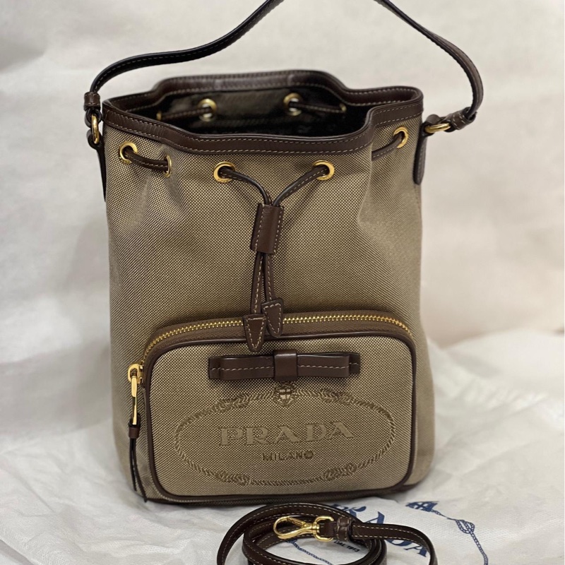 🌷帶保卡!Prada logo 帆布拼牛皮 刺繡 2way 單肩手袋-0