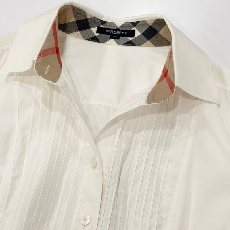BURBERRY 倫敦 白色經典格紋滾邊戰馬彈性襯衫-3