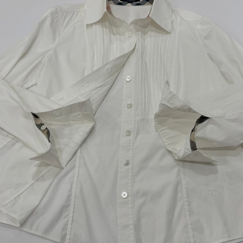 BURBERRY 倫敦 白色經典格紋滾邊戰馬彈性襯衫-5