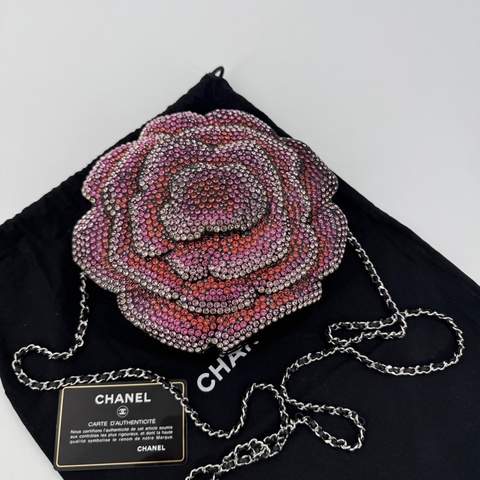 Chanel 2018 Rhinestone Plexiglass Strass Pink and Multicoloured Camellia Minaudiere Clutch Bag