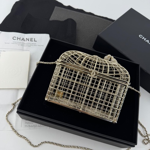 Chanel 2025 Rhinestone and Metal Embellishments Light Gold Birdcage Minaudière Bag