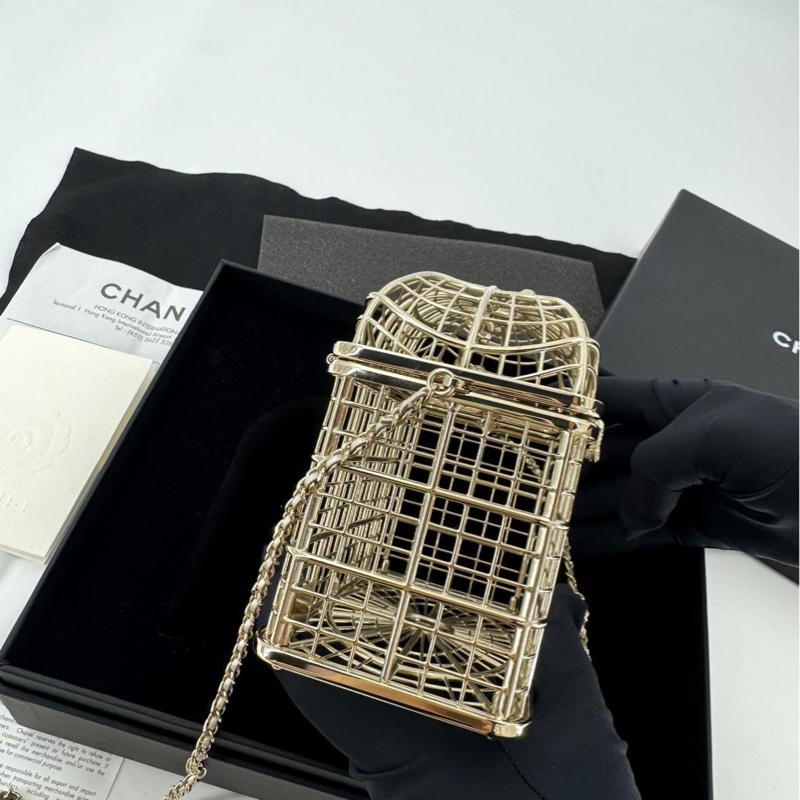 Chanel 2025 Rhinestone and Metal Embellishments Light Gold Birdcage Minaudière Bag-2