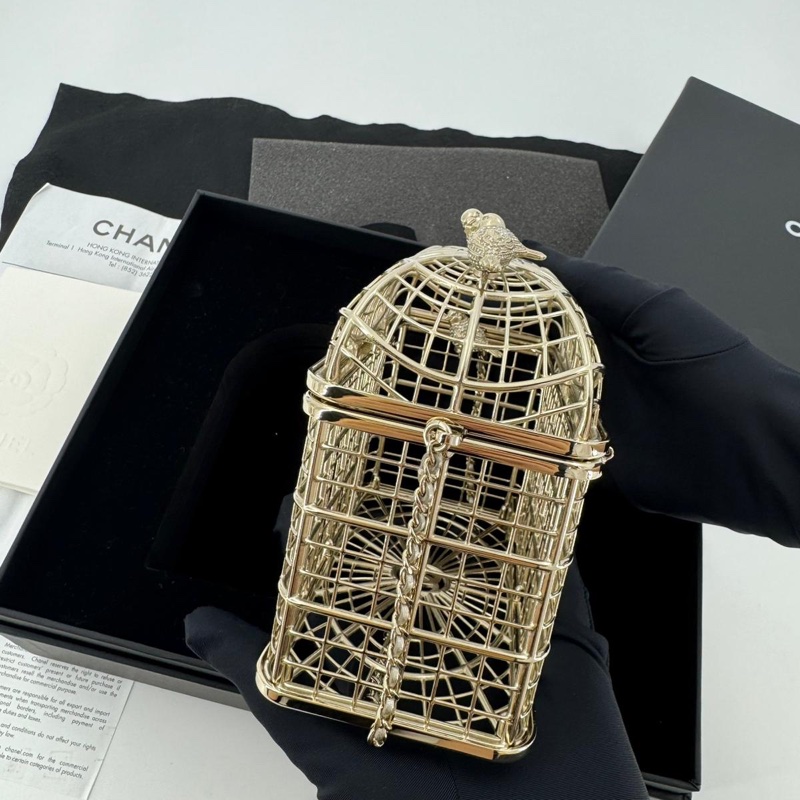 Chanel 2025 Rhinestone and Metal Embellishments Light Gold Birdcage Minaudière Bag-3