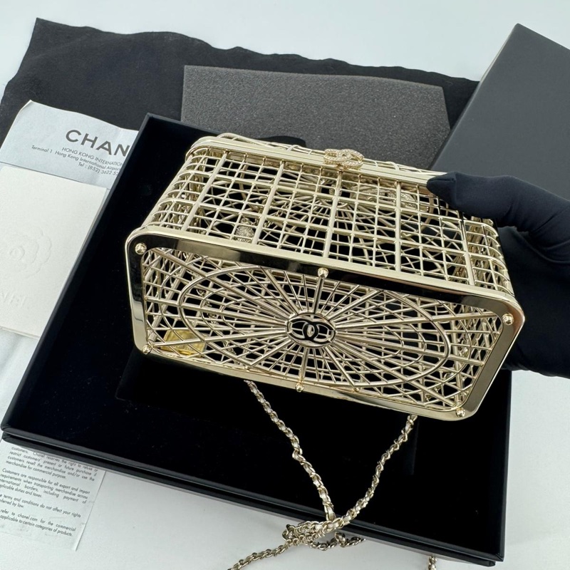 Chanel 2025 Rhinestone and Metal Embellishments Light Gold Birdcage Minaudière Bag-4