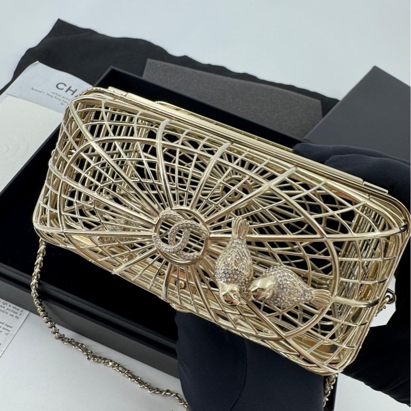 Chanel 2025 Rhinestone and Metal Embellishments Light Gold Birdcage Minaudière Bag-5