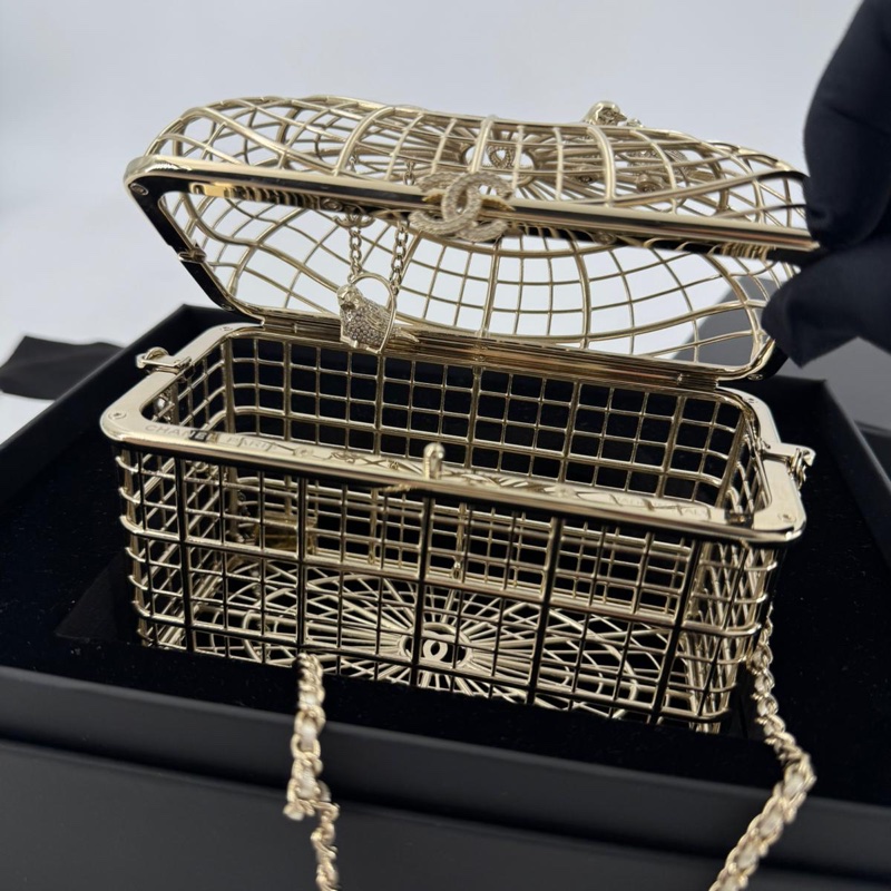 Chanel 2025 Rhinestone and Metal Embellishments Light Gold Birdcage Minaudière Bag-8