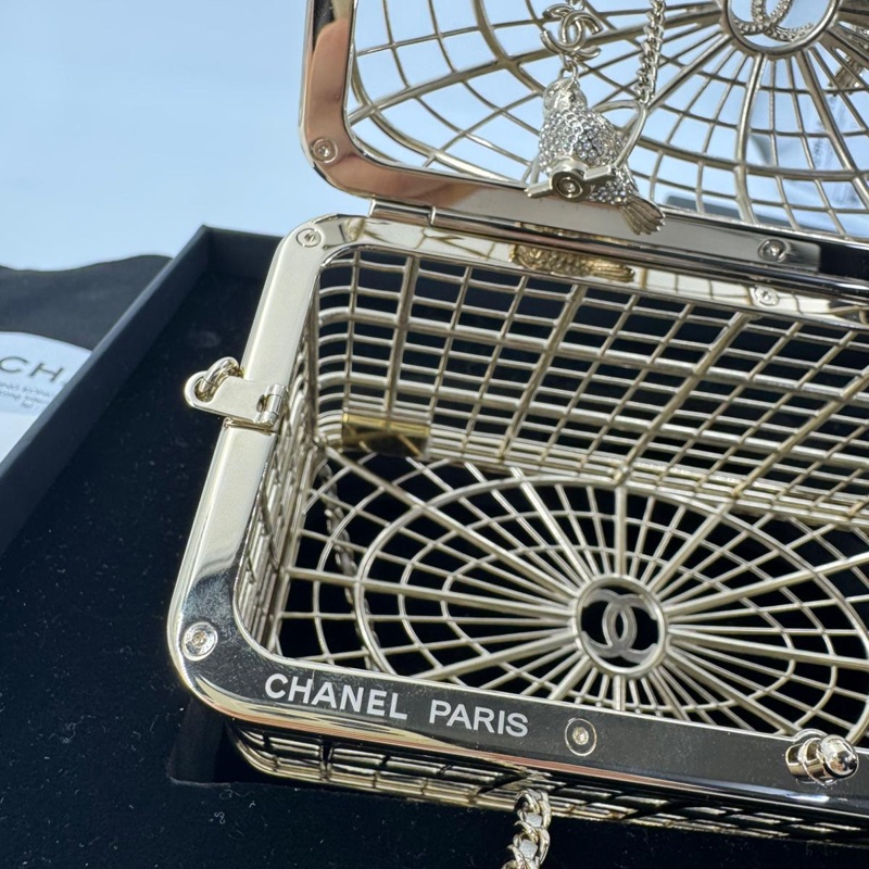 Chanel 2025 Rhinestone and Metal Embellishments Light Gold Birdcage Minaudière Bag-10