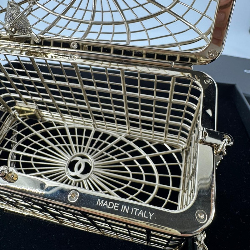 Chanel 2025 Rhinestone and Metal Embellishments Light Gold Birdcage Minaudière Bag-11