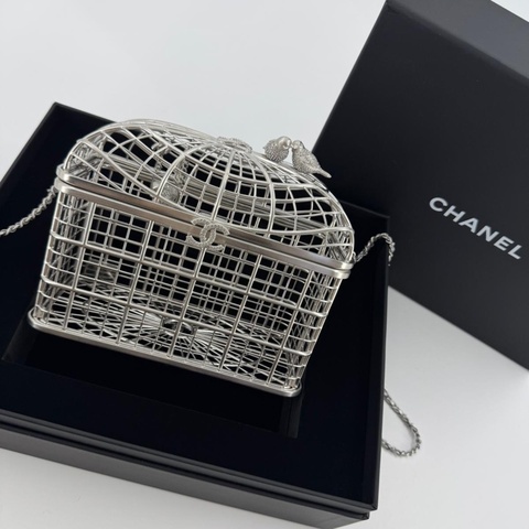 Chanel 2025 Rhinestone and Metal Embellishments Sliver Birdcage Minaudière Bag