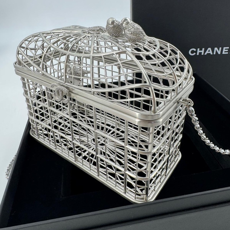 Chanel 2025 Rhinestone and Metal Embellishments Sliver Birdcage Minaudière Bag-3