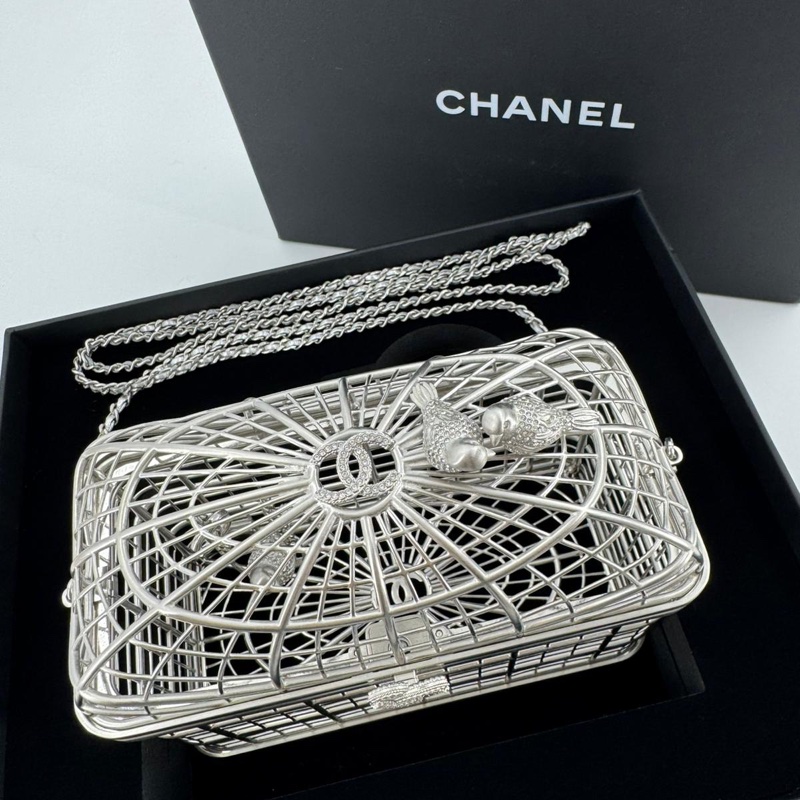Chanel 2025 Rhinestone and Metal Embellishments Sliver Birdcage Minaudière Bag-6