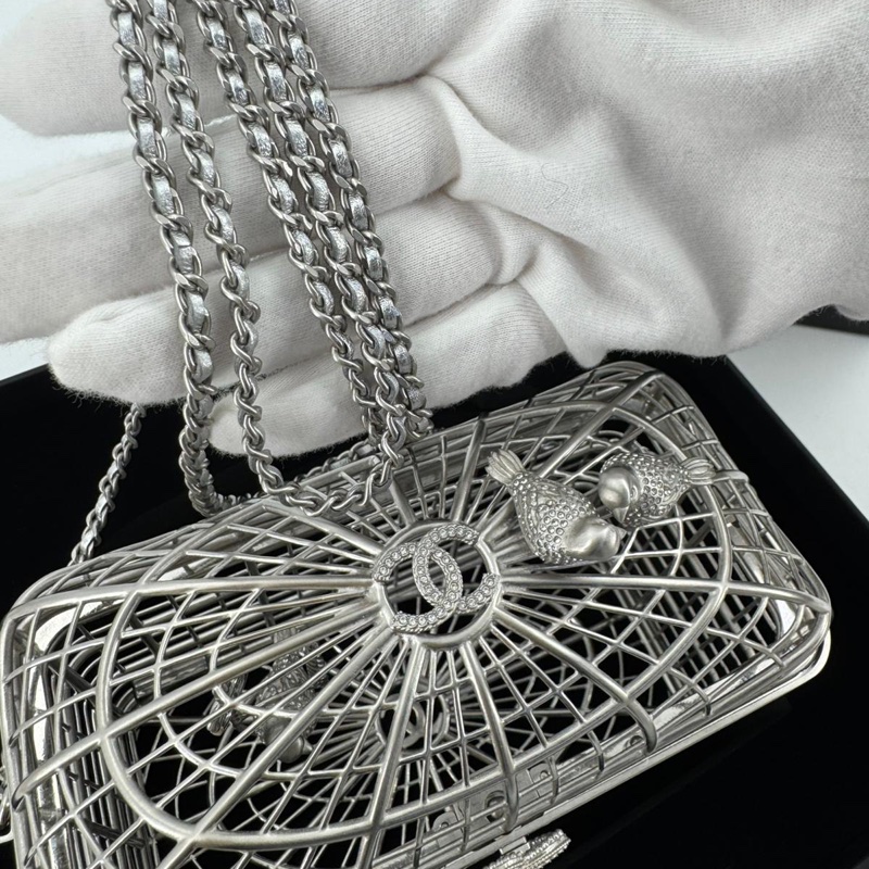Chanel 2025 Rhinestone and Metal Embellishments Sliver Birdcage Minaudière Bag-13