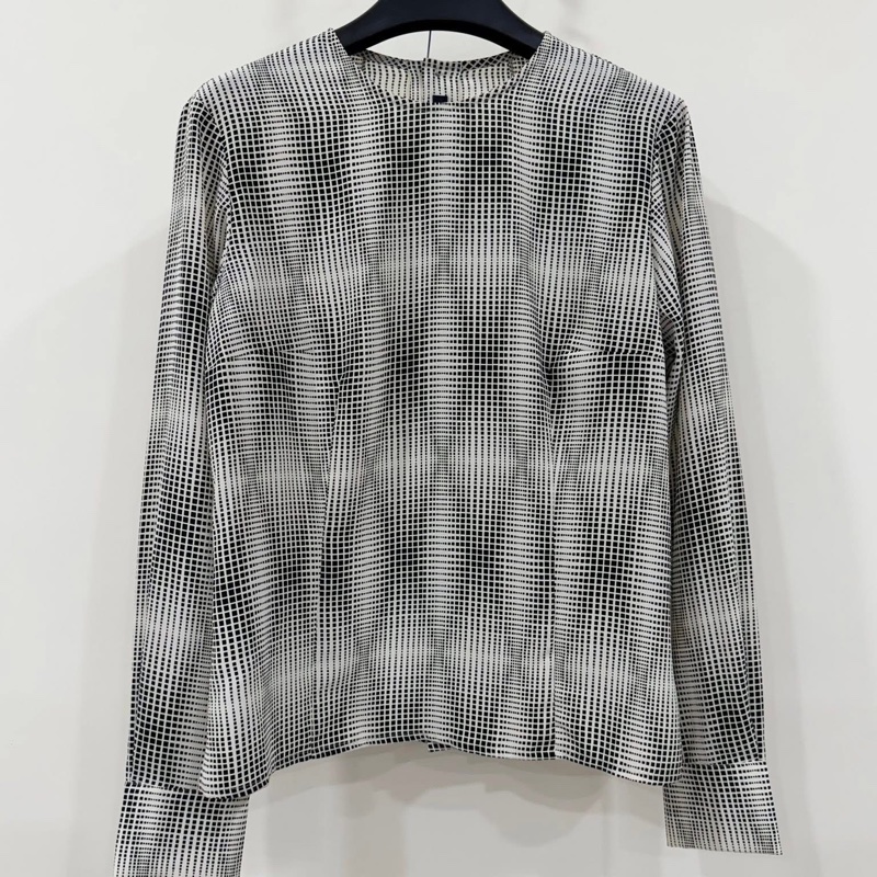 BURBERRY 倫敦 細緻幾何棋盤格紋黑白長袖雪紡上衣-1