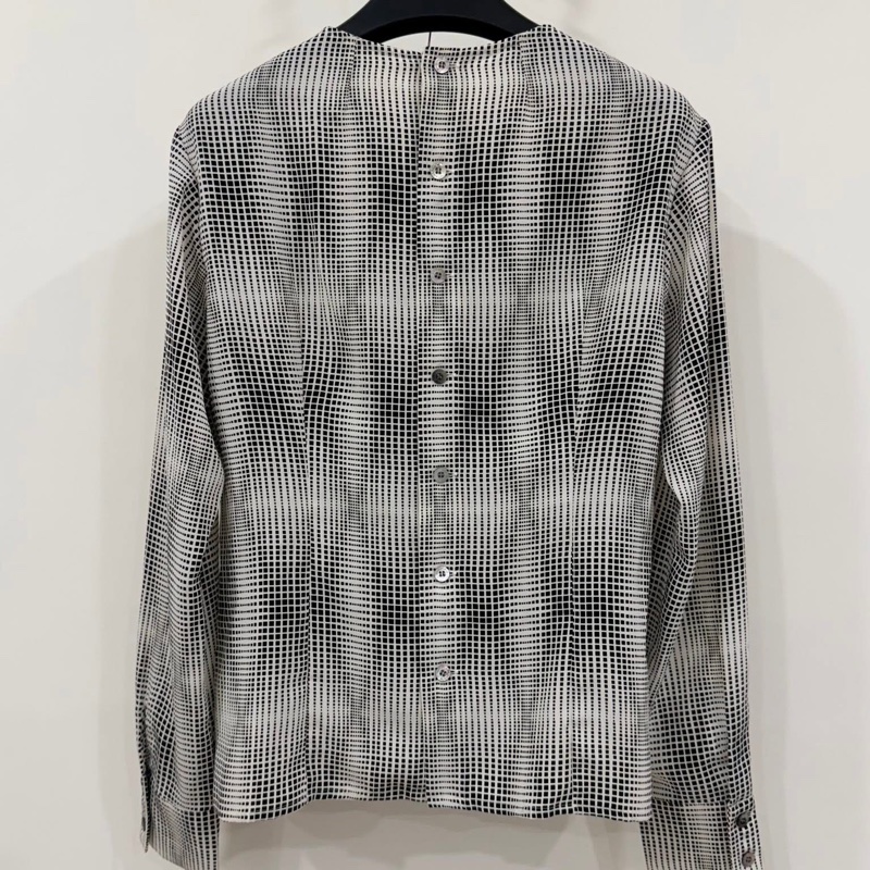 BURBERRY 倫敦 細緻幾何棋盤格紋黑白長袖雪紡上衣-2