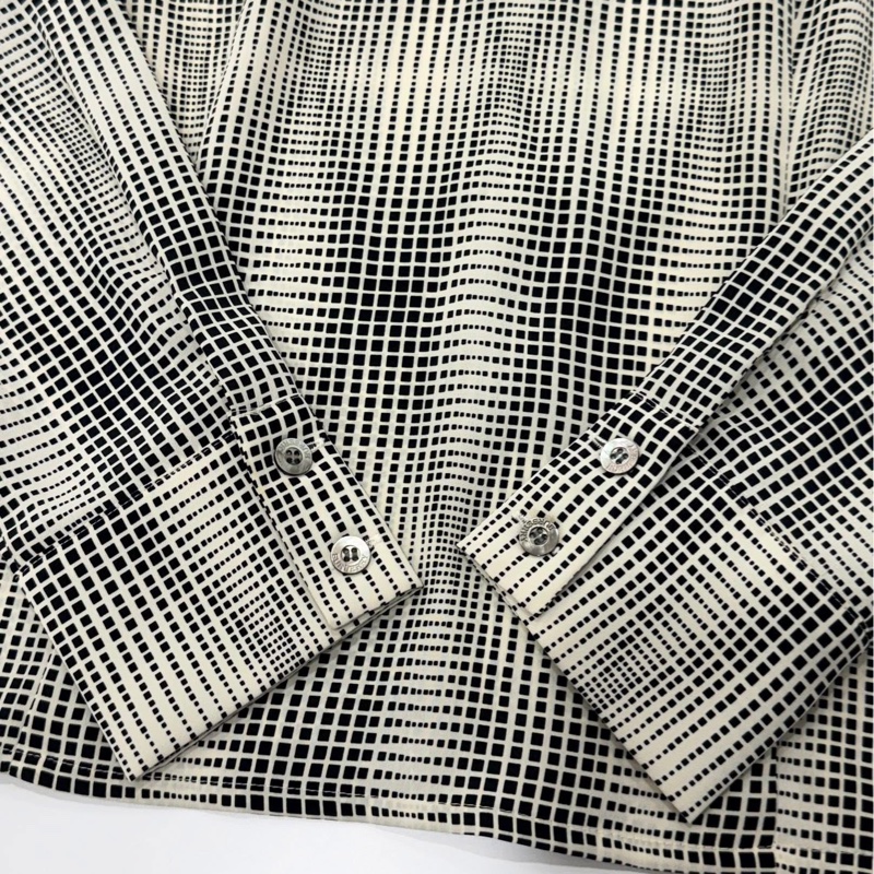 BURBERRY 倫敦 細緻幾何棋盤格紋黑白長袖雪紡上衣-3